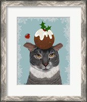 Framed Grey Cat and Christmas Pudding