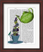Framed Teapot, Cup and Flowers, Green and Blue