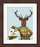 Framed Deer in Christmas Sweater with Snowman