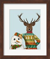 Framed Deer in Christmas Sweater with Snowman