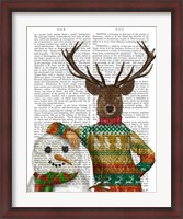 Framed Deer in Christmas Sweater with Snowman