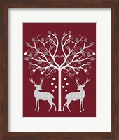 Framed Christmas Des - Deer and Heart Tree, Grey on Red