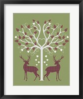 Framed Christmas Des - Deer and Heart Tree, Pink On Green