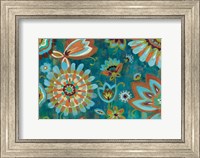 Framed Decorative Peacock Floral Mustard and Eggplant