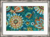 Framed Decorative Peacock Floral Mustard and Eggplant