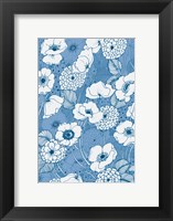 Framed Pen and Ink Flowers on Blue
