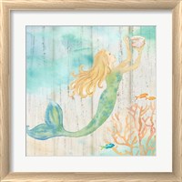 Framed 'Sea Splash Mermaid Woodgrain I' border=