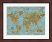 Framed Rustic World Map Sky Blue