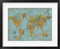 Framed Rustic World Map Sky Blue