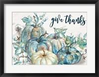 Framed Blue Watercolor Harvest Pumpkin Landscape Give Thanks