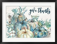 Framed Blue Watercolor Harvest Pumpkin Landscape Give Thanks