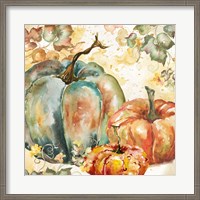 Framed Watercolor Harvest Teal and Orange Pumpkins I