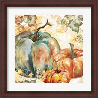 Framed Watercolor Harvest Teal and Orange Pumpkins I