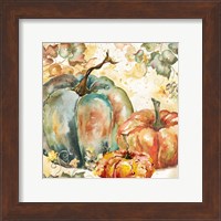 Framed Watercolor Harvest Teal and Orange Pumpkins I