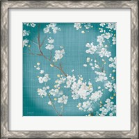 Framed 'White Cherry Blossoms II on Teal Aged no Bird' border=