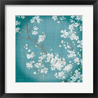 Framed 'White Cherry Blossoms II on Teal Aged no Bird' border=