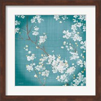 Framed White Cherry Blossoms II on Teal Aged no Bird