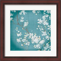 Framed White Cherry Blossoms II on Teal Aged no Bird