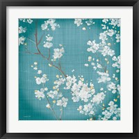 Framed 'White Cherry Blossoms II on Teal Aged no Bird' border=