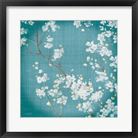 Framed 'White Cherry Blossoms II on Teal Aged no Bird' border=