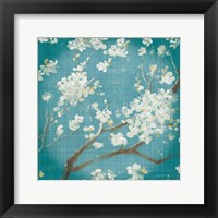 Framed White Cherry Blossoms I on Teal Aged no Bird