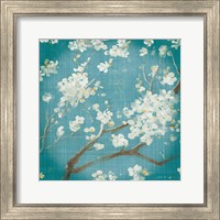 Framed 'White Cherry Blossoms I on Teal Aged no Bird' border=