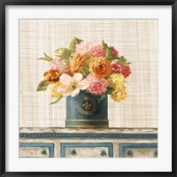 Framed Tulips in Teal and Gold Hatbox on Linen