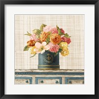Framed Tulips in Teal and Gold Hatbox on Linen