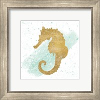 Framed 'Silver Sea Life Seahorse no Gold Splatter' border=