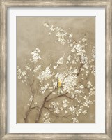 Framed White Cherry Blossom I Neutral Crop Bird