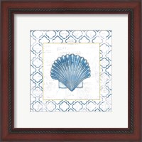 Framed 'Navy Scallop Shell on Newsprint with Gold' border=