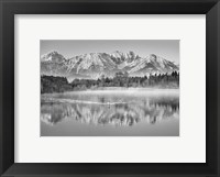 Framed Allgaeu Alps and Hopfensee lake, Bavaria, Germany (BW)