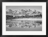 Framed Allgaeu Alps and Hopfensee lake, Bavaria, Germany (BW)
