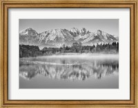 Framed Allgaeu Alps and Hopfensee lake, Bavaria, Germany (BW)