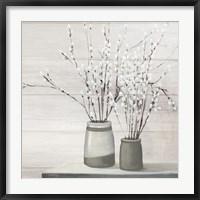 Framed Pussy Willow Still Life Gray Pots Shiplap