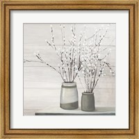 Framed Pussy Willow Still Life Gray Pots Shiplap