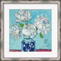 Framed Vase of Peonies Aqua