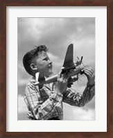 Framed 1930s 1940s 1950s  Freckle-Faced Boy Holding Airplane