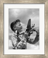 Framed 1930s 1940s 1950s  Freckle-Faced Boy Holding Airplane