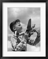 Framed 1930s 1940s 1950s  Freckle-Faced Boy Holding Airplane