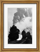 Framed 1930s 1940s Head-On View Of Three Steam Engines