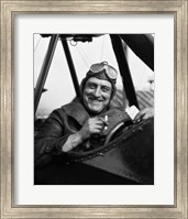 Framed 1920s Smiling Man Pilot In Cockpit Of Airplane