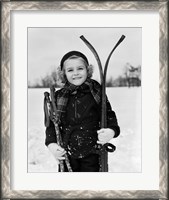 Framed 1930s Little Girl Standing Holding Skis