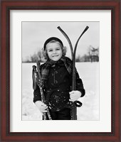 Framed 1930s Little Girl Standing Holding Skis