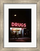Framed 1980s Drug Store At Night Pink Neon Sign