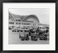 Framed 1950s 1960s Propeller Airplane On Airport Tarmac