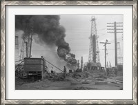 Framed 1920s Oil Field Fire Column Of Black Smoke In Field