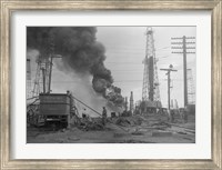 Framed 1920s Oil Field Fire Column Of Black Smoke In Field