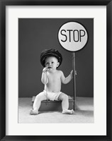 Framed 1940s Baby Boy Holding Stop Sign