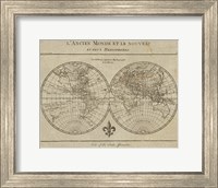 Framed Map of the World Sepia